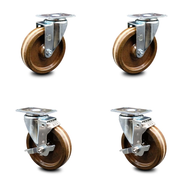 5 Inch High Temp Phenolic Wheel Swivel Top Plate Caster Set with 2 Brakes SCC
